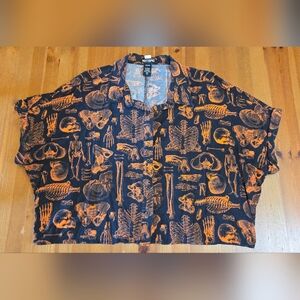 Hot Topic Black and Orange Skeleton Anatomy Crop Woven Button Up Shirt Size Lg